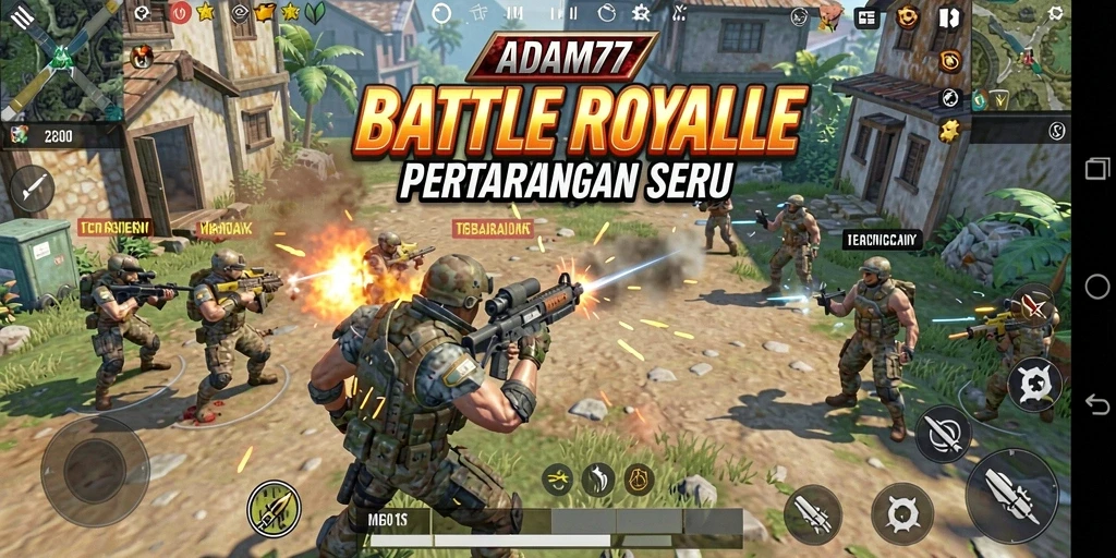 Tangkapan layar gameplay ADAM77 menunjukkan pertarungan seru di arena Battle Royale.