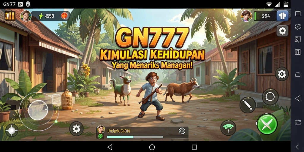 Tampilan gameplay GN777 yang menampilkan simulasi kehidupan sehari-hari.