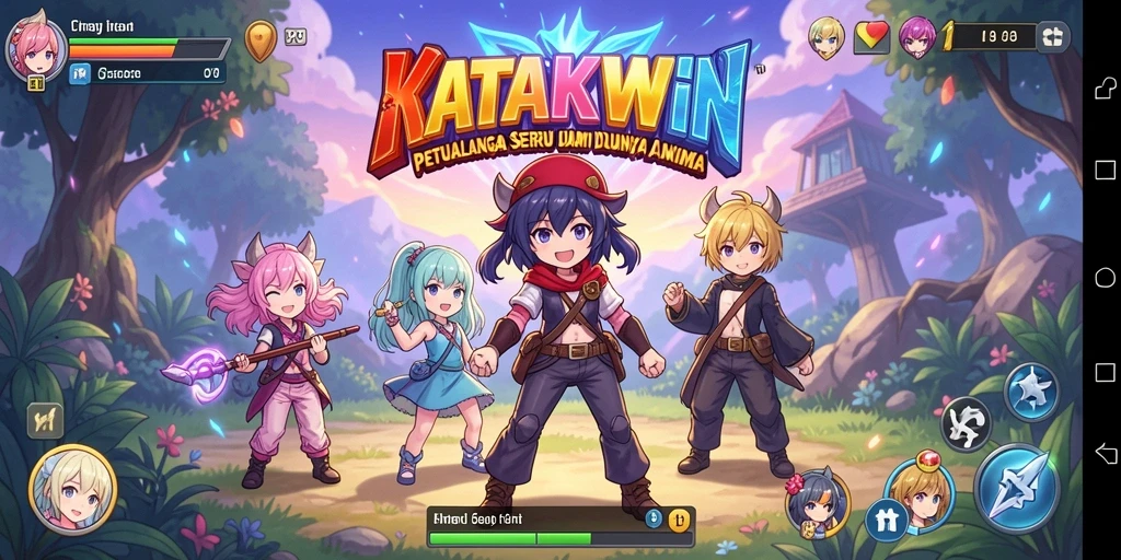 Tampilan gameplay KATAKWIN yang penuh warna dan dinamis.