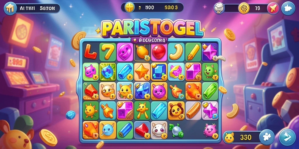 Screenshot gameplay PARISTOGEL yang menampilkan elemen Match-3 yang berwarna-warni.