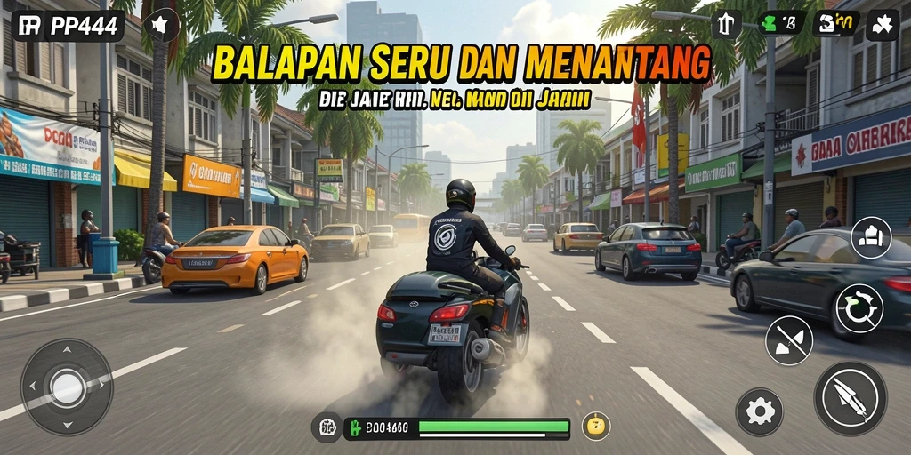 Gameplay PP444 menampilkan balapan seru dan mobil kustomisasi.