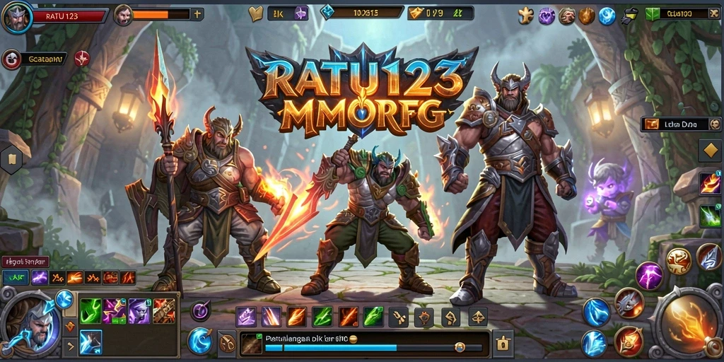 Screenshot gameplay <strong>RATU123</strong> yang menunjukkan pertarungan epik dan interaksi sosial.