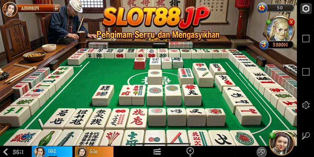 Tampilan gameplay menegangkan di SLOT88JP dengan tile Mahjong yang berwarna-warni.