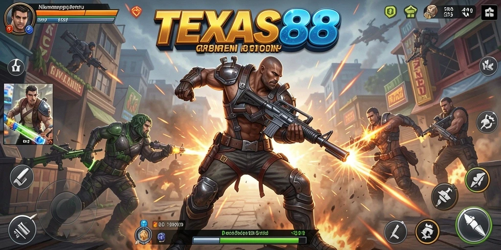 TEXAS88 menampilkan aksi seru dengan karakter bertarung dan senjata canggih.
