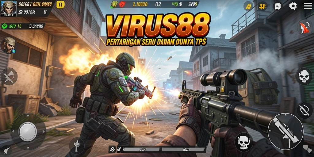 Tangkapan layar menunjukkan aksi menembak yang mendebarkan dalam VIRUS88.